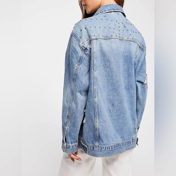 Free People Studded Denim Trucker Jacket Oversized Size XS - Picture 2 of 8